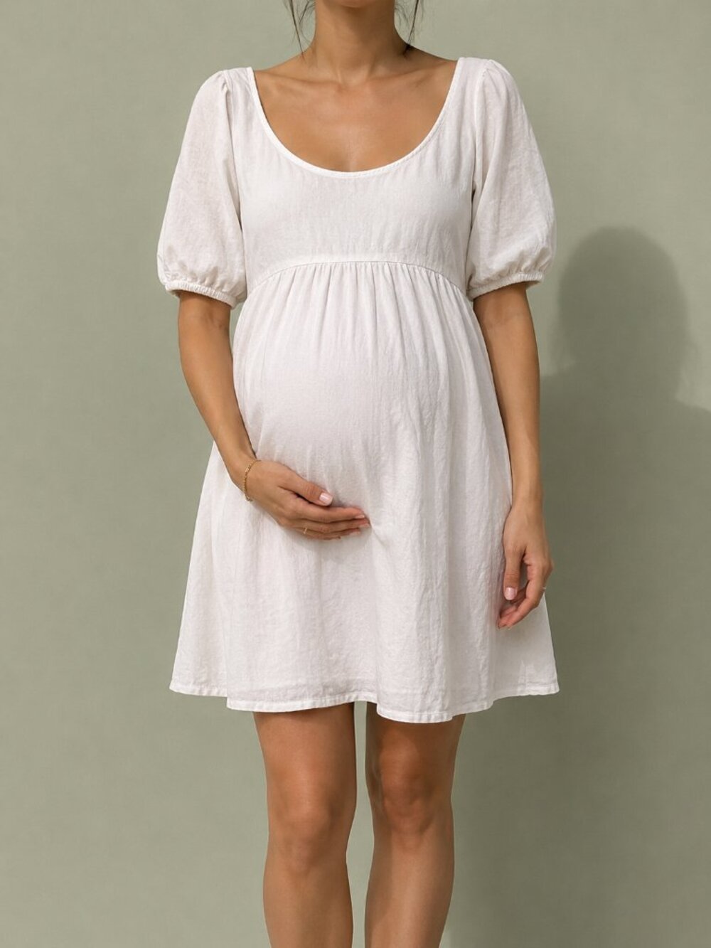 White Maternity Empire Waist Puff Sleeve Dress